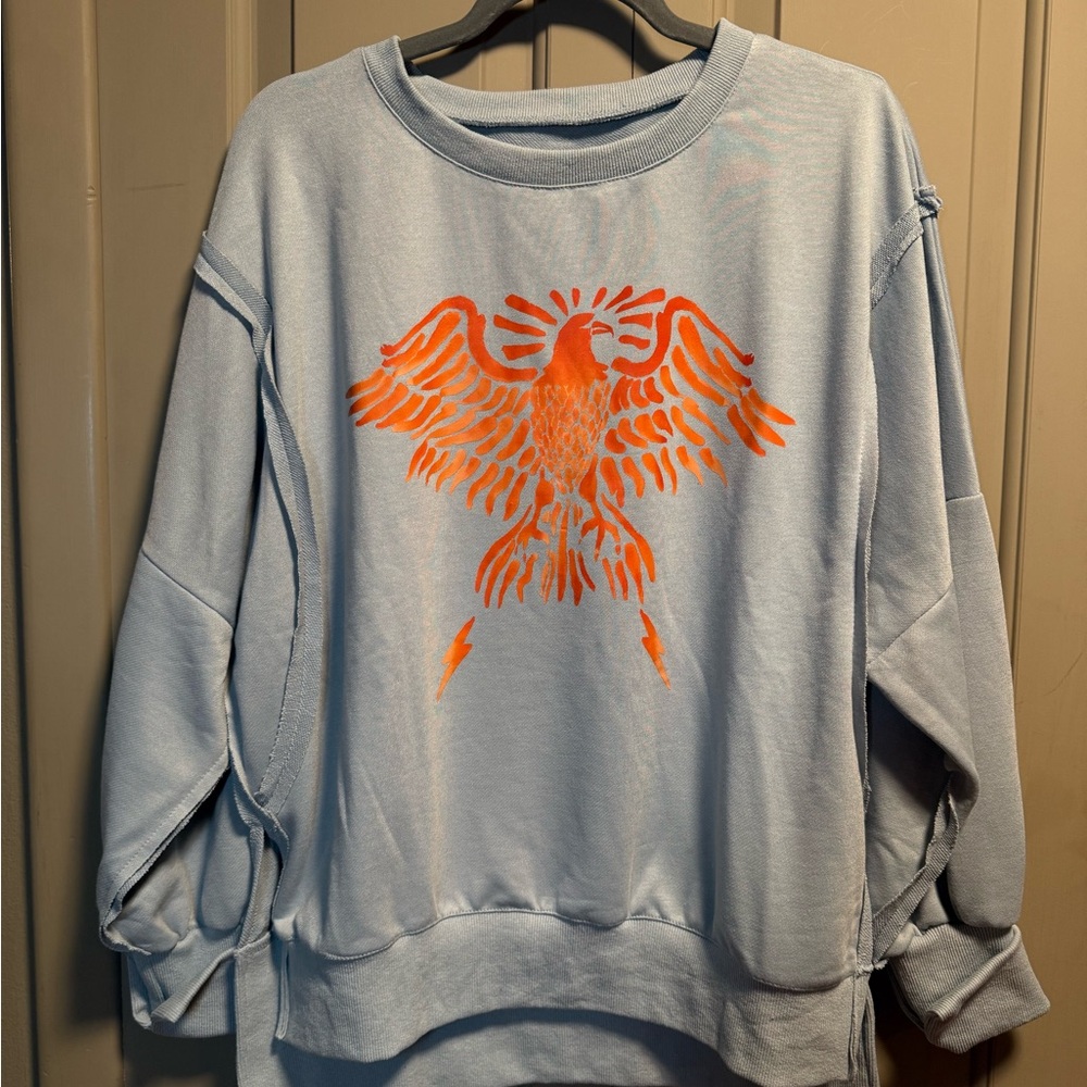 Light Blue Sweatshirt with Orange Eagle Design